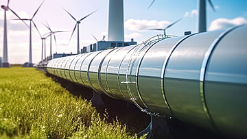 Wasserstoff-Pipeline mit Windrädern im Hintergrund