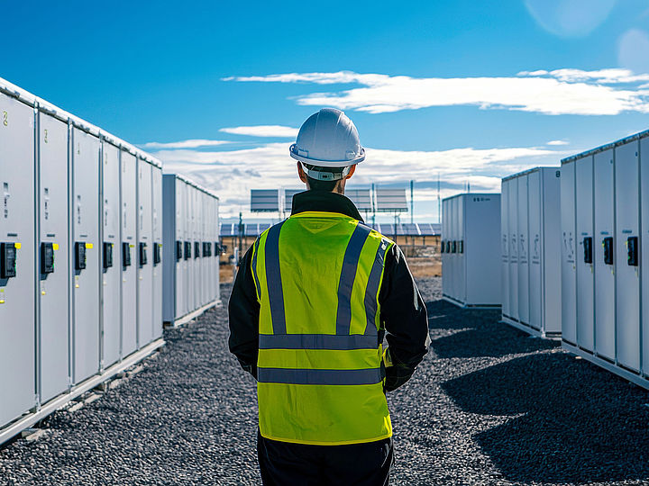 Mann von hinten zwischen Batteriespeichern